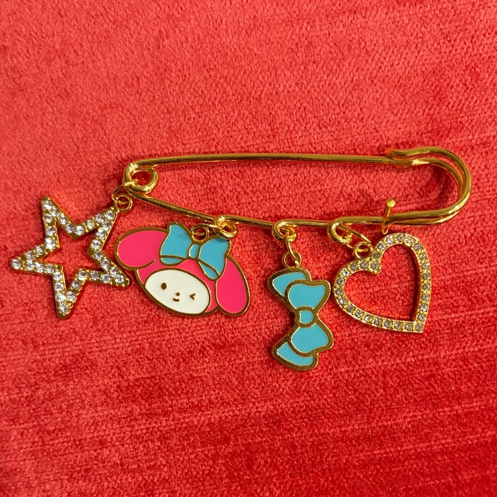 Sanrio My Melody Gold Brooch with Pink and Blue Charms